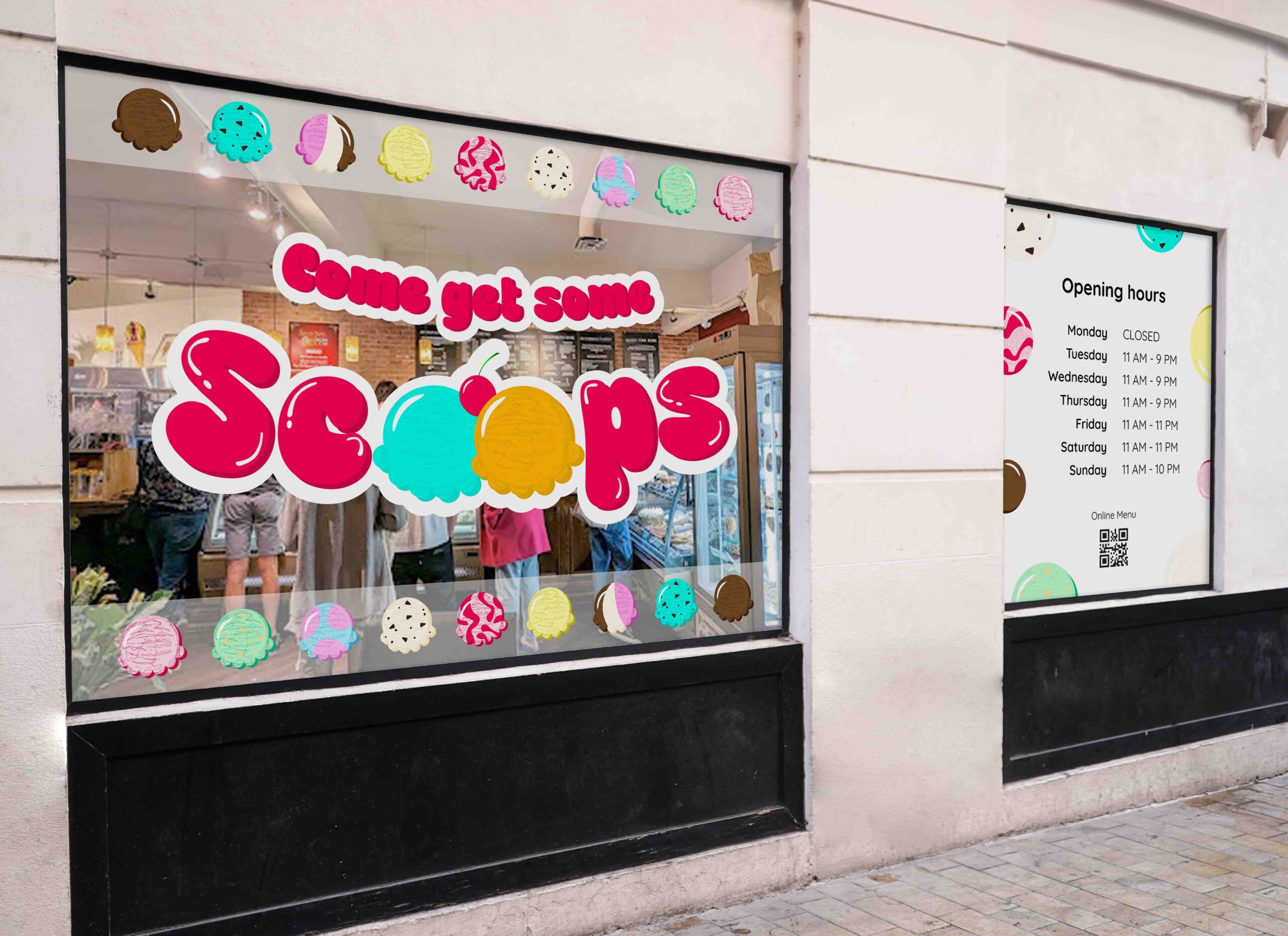 SCOOPS Commercial Window Commercial window design for SCOOPS ice cream shop.